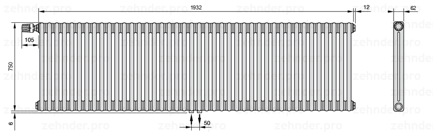 Схема (чертеж) Радиатор Zehnder Charleston 2075/42 №V007 Белый глянцевый RAL 9016